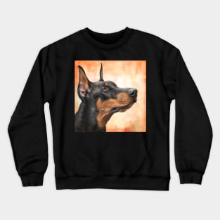 Contemporary Painting of a Gorgeous Black and Gold Doberman Pinscher on Orange Background Crewneck Sweatshirt